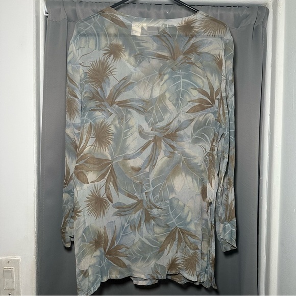 Tommy Bahama Blue and Brown Leaf Print Silk Sheer Blouse XL - Picture 13 of 16